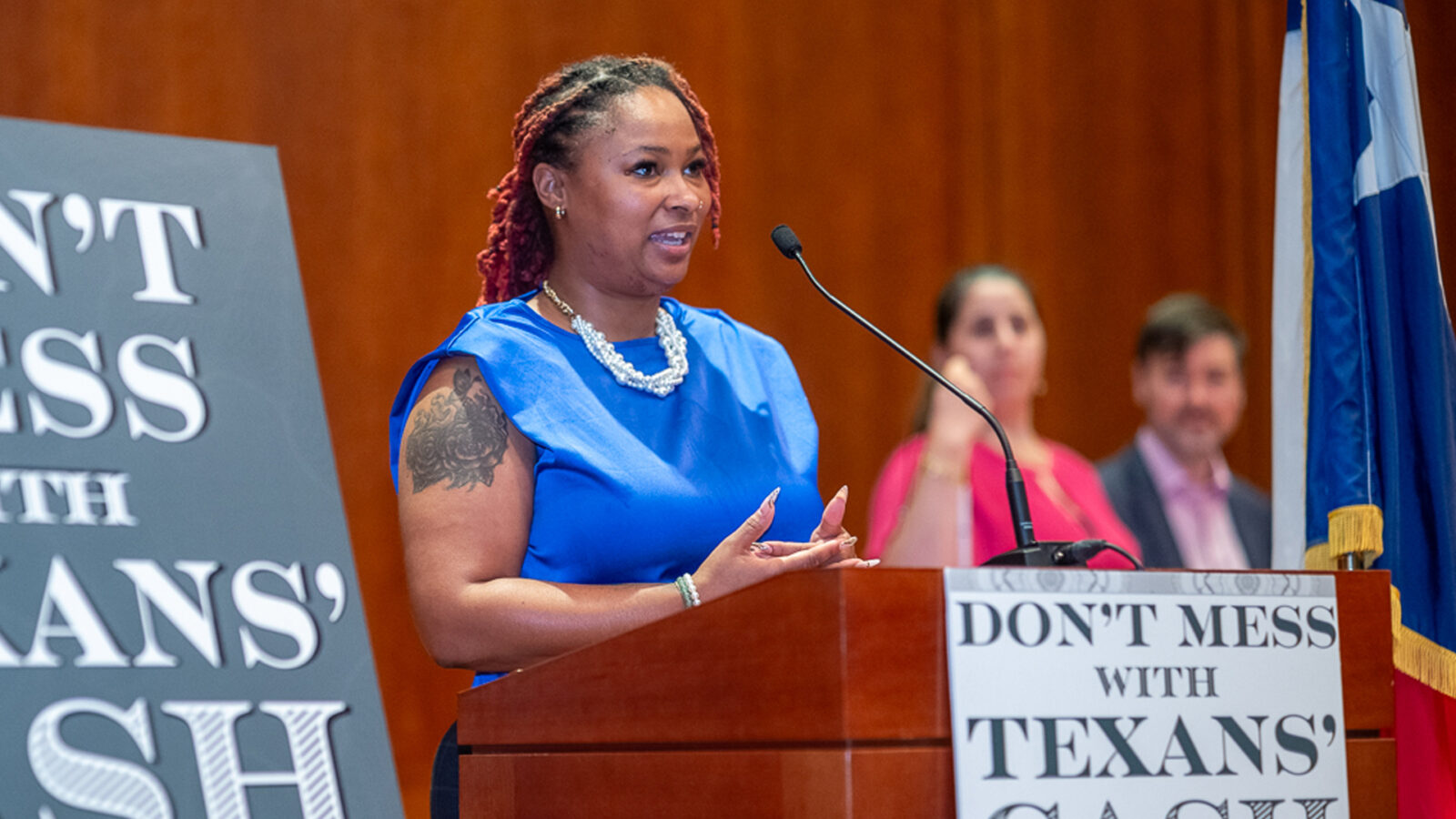 Ashleigh Hamilton speaking at the Texas Capitol in Economic Security Project’s legislative coverage