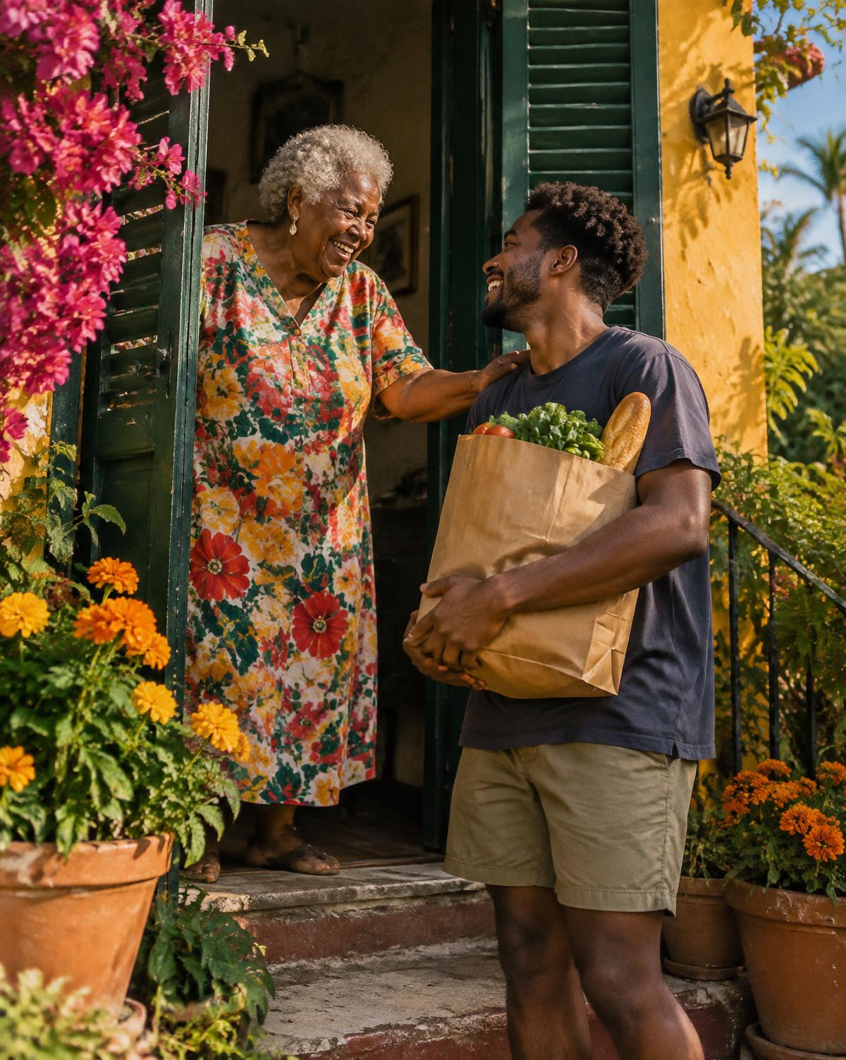 An older woman in her doorway mid-conversation, sunlight across her face
