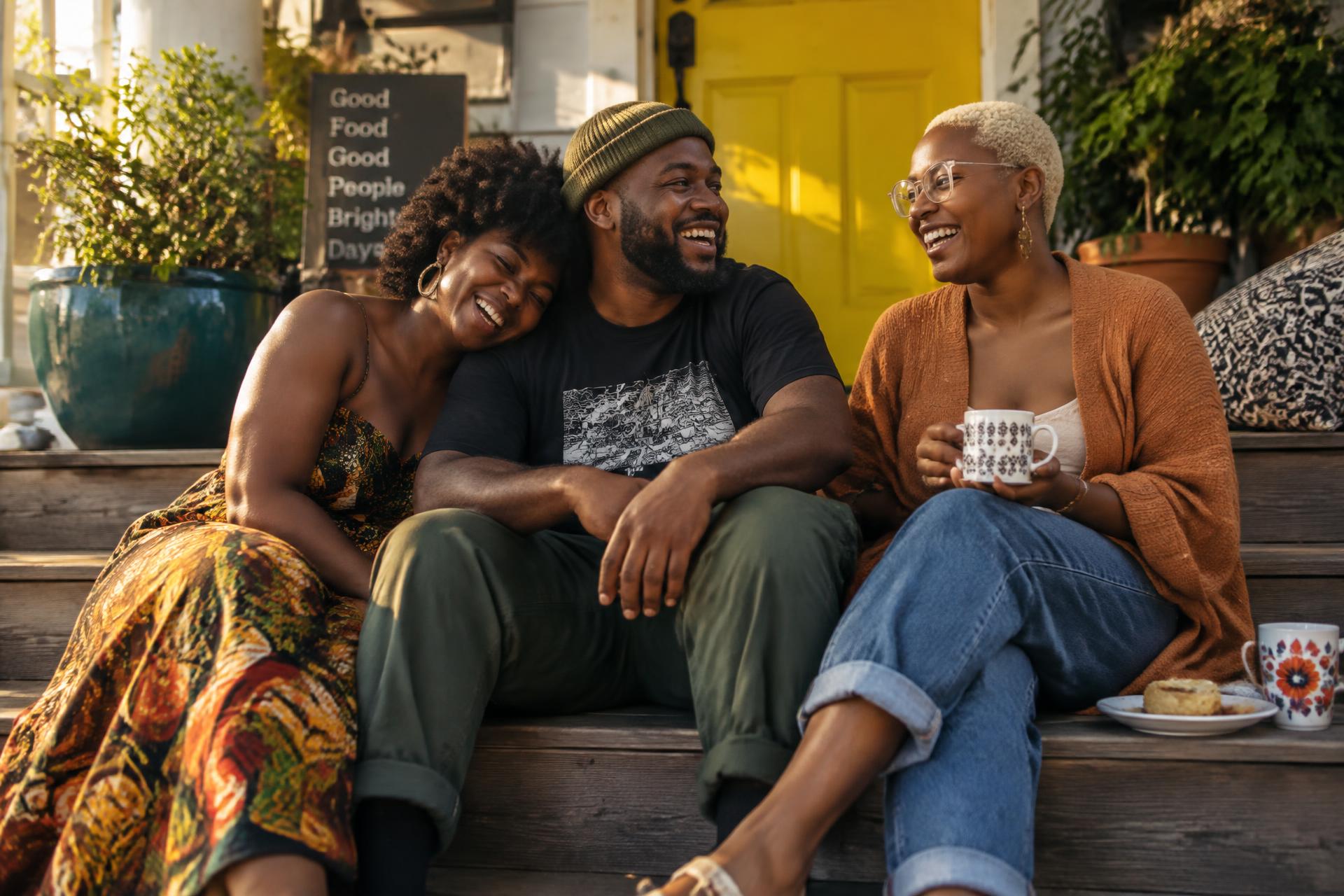Friends sitting together on sunlit front steps in easy conversation