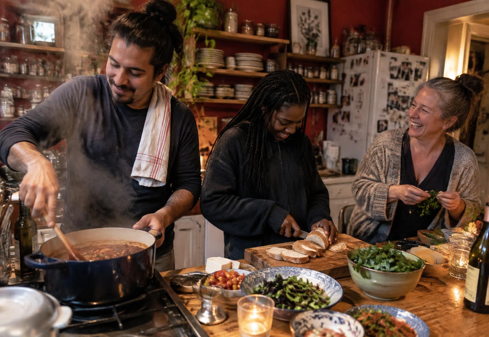 Housemates cooking dinner together in a small kitchen with open shelves