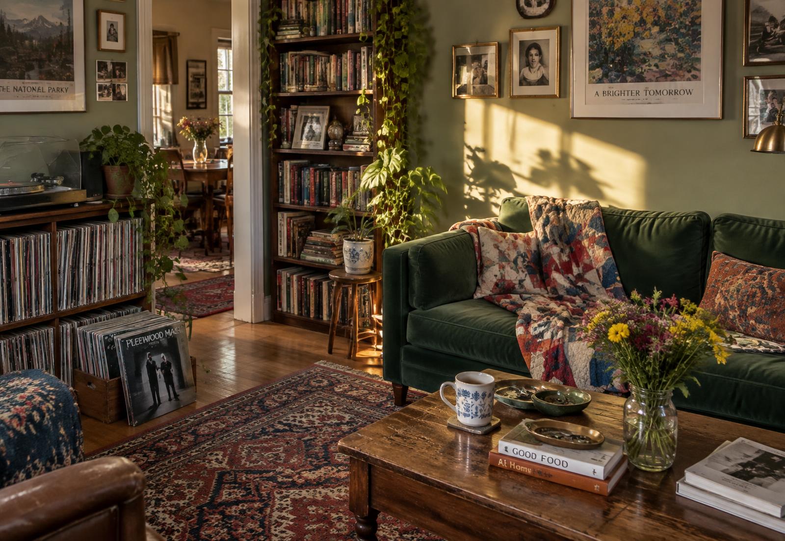 A collected living room with records, bookshelves, a quilt on a green couch and flowers