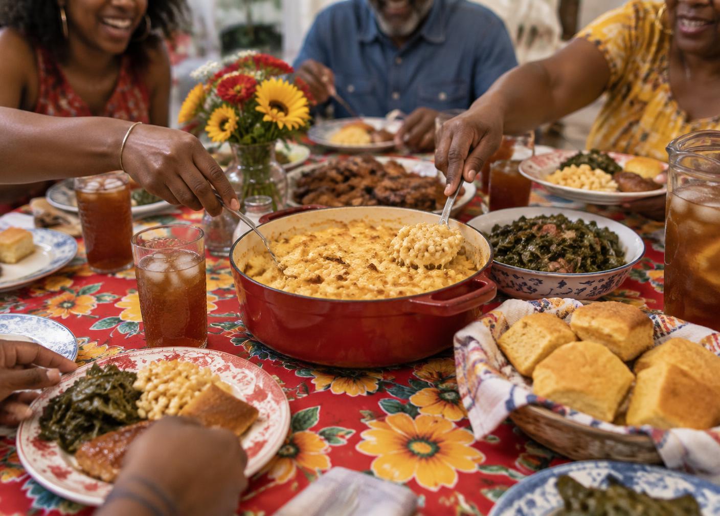 A full table with dishes being passed between reaching hands