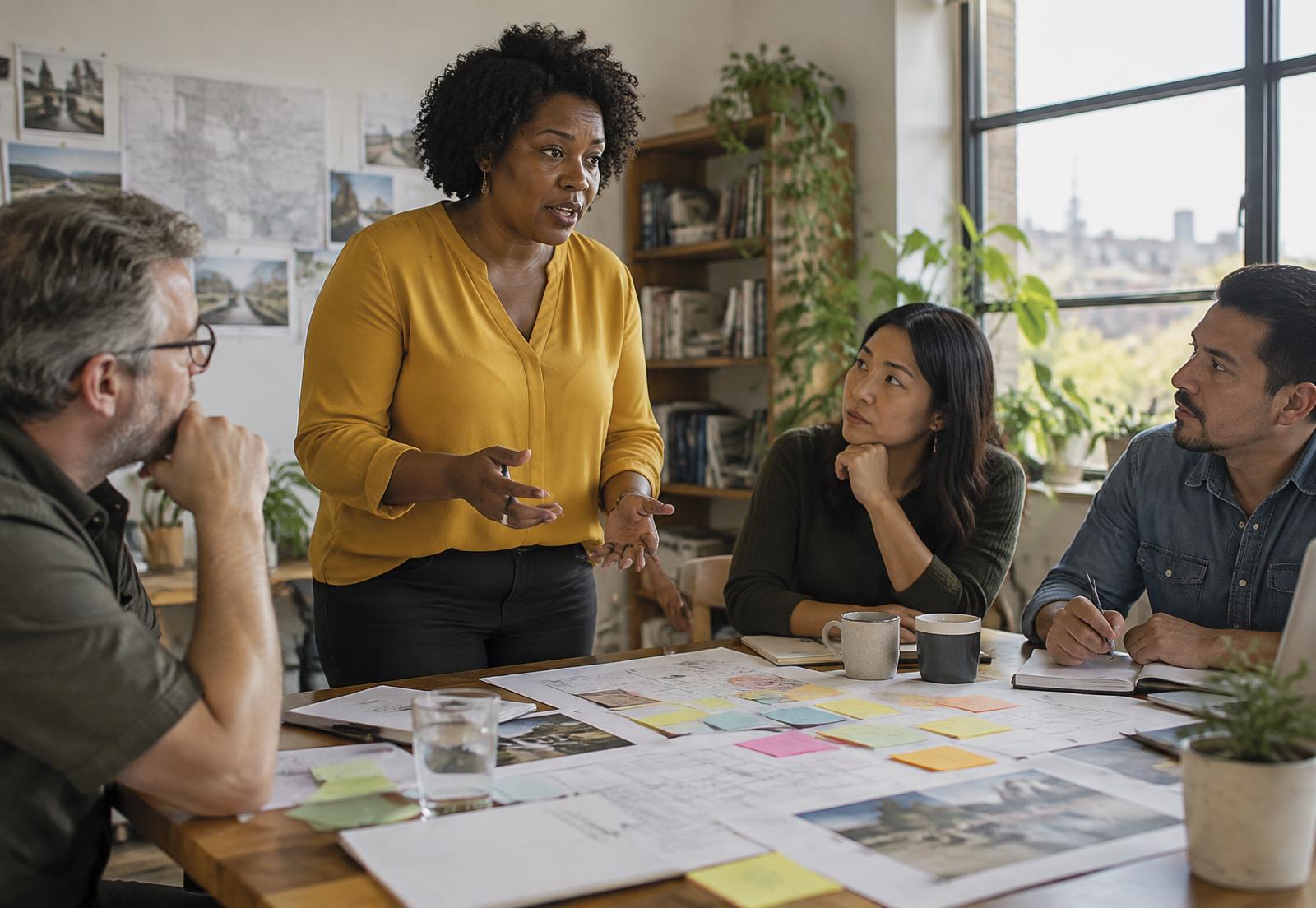 A woman leading a working session with colleagues around a table of plans and notes