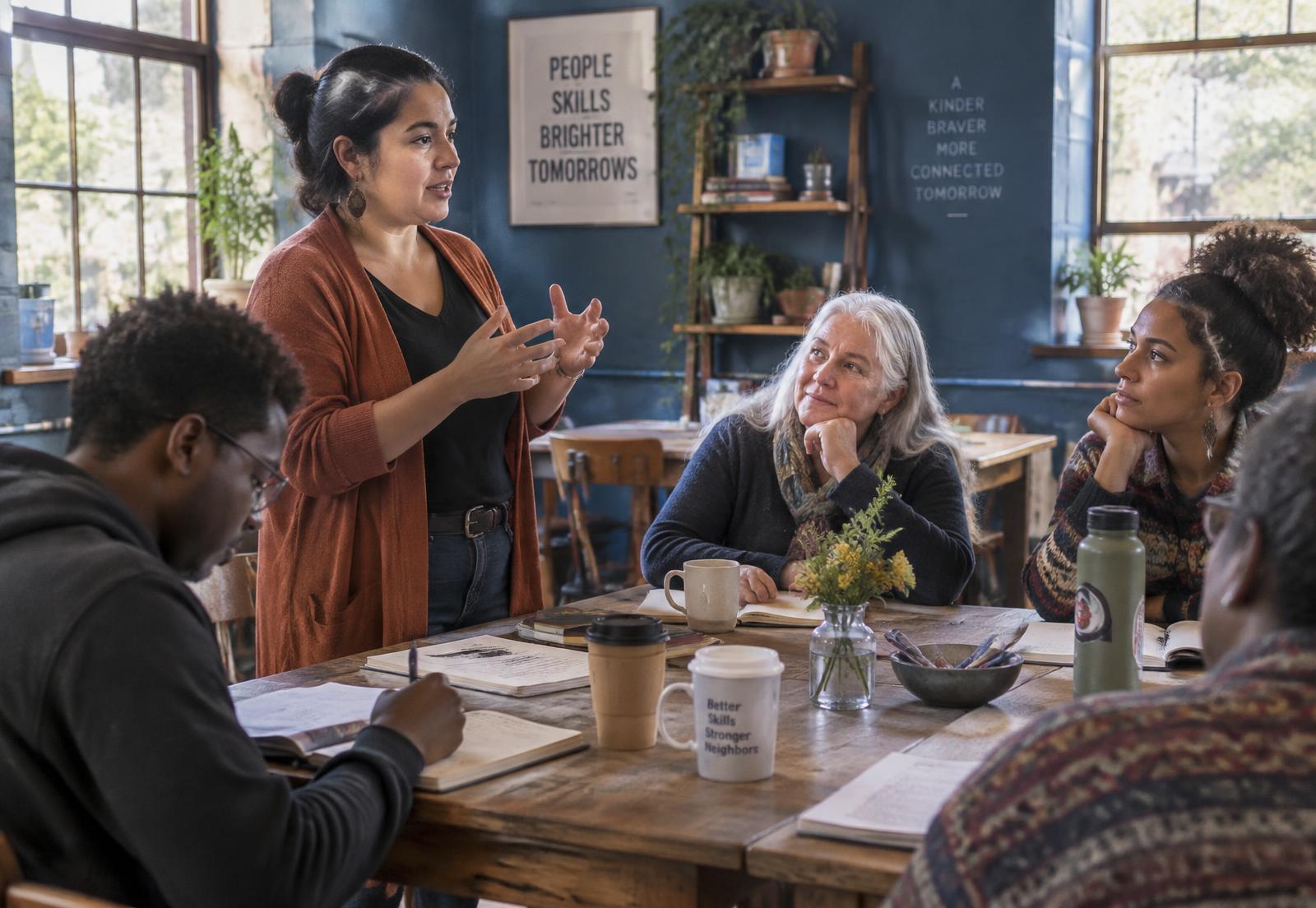 A woman leading a practical skills session with a small group around a wooden table